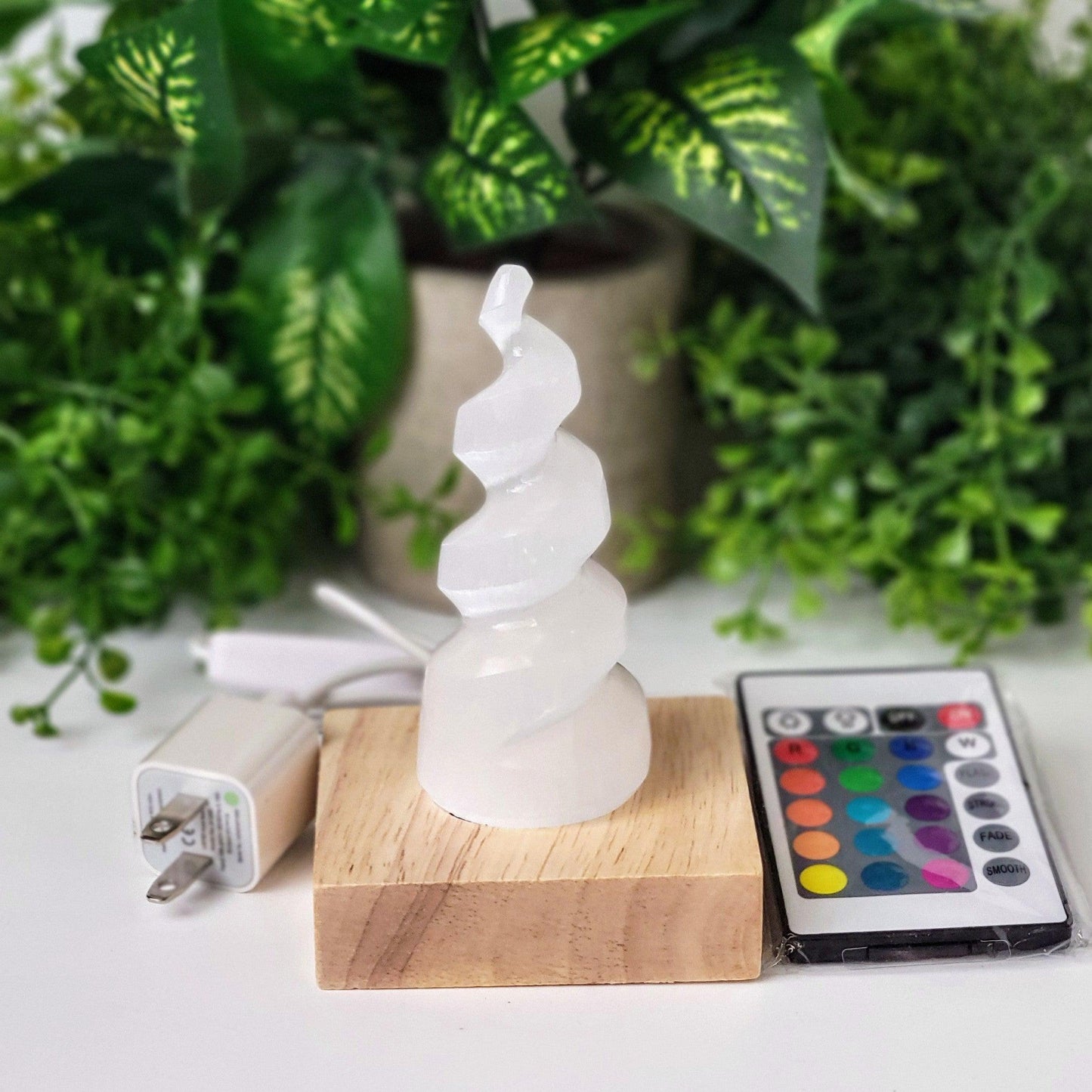 Selenite Light Unicorn Horn White/Multi-color with Wood Base - True West Outdoors